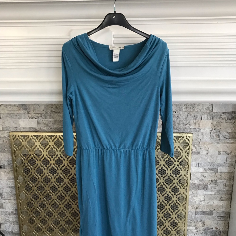Doncaster Teal Blue Cowl Neck Midi Dress – 3/4 Sleeve Jersey Knit (Size 2)